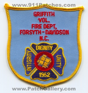 Griffith Volunteer Fire Department Forsyth Davidson Patch (North Carolina)
Scan By: PatchGallery.com
Keywords: vol. dept. n.c. integrity dignity unity