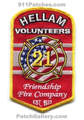 Friendship Fire Company 21 Hellam Volunteers Patch (Pennsylvania)
Scan By: PatchGallery.com
Keywords: co. number no. #21 of department dept. est. 1923