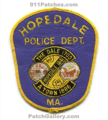 Hopedale Police Department Patch (Massachusetts)
Scan By: PatchGallery.com
Keywords: dept. the dale 1700 1841 a town 1886