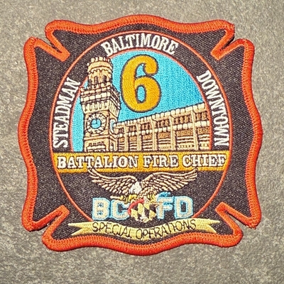 Baltimore City Fire Department Station 6 Patch (Maryland)
Picture: PatchGallery.com
Thanks to Jeremiah Herderich
Keywords: bcfd dept. steadman downtown special operations battalion chief