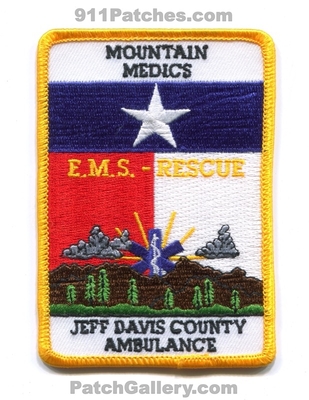 Jeff Davis County Ambulance Mountain Medics Patch (Texas)
Scan By: PatchGallery.com
Keywords: co. ems rescue