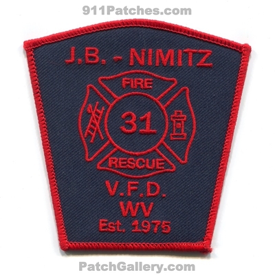 Jumping Branch Nimitz Volunteer Fire Rescue Department 31 Patch (West Virginia)
Scan By: PatchGallery.com
Keywords: jb j.b. vol. dept. vfd v.f.d. est. 1975