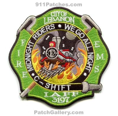 Lebanon Fire Department C Shift Patch (New Hampshire)
Scan By: PatchGallery.com
[b]Patch Made By: 911Patches.com[/b]
Keywords: City of EMS Dept. C-Shift Company Co. Station IAFF I.A.F.F. Local 3197 Union Midnight Riders - We Go All Night - Train