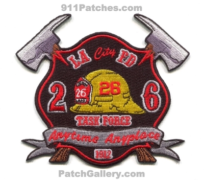 Los Angeles City Fire Department Station 26 Task Force Patch (California)
[b]Scan From: Our Collection[/b]
Keywords: dept. lafd anytime anyplace 1912
