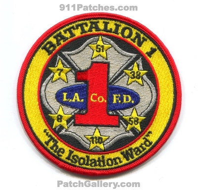 Los Angeles County Fire Department Battalion 1 Patch (California)
Scan By: PatchGallery.com
Keywords: co. of dept. lacofd l.a.co.f.d. company station chief 7 51 38 8 110 58 "the isolation ward"