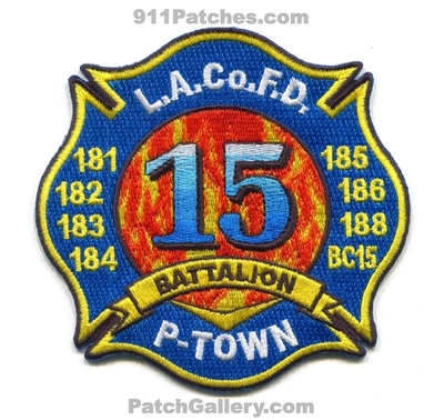 Los Angeles County Fire Department Battalion 15 Patch (California)
Scan By: PatchGallery.com
Keywords: co. of dept. lacofd l.a.co.f.d. company station chief 181 182 183 184 185 186 188 bc15 p-town