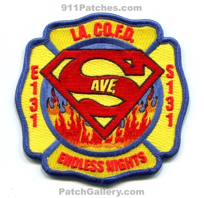 Los Angeles County Fire Department Station 131 Patch (California)
Scan By: PatchGallery.com
Keywords: Co. of LACoFD L.A.Co.F.D. Engine E131 Squad S131 Company Superman Ave. - Endless Knights