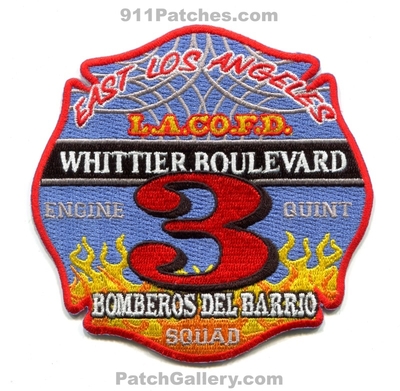 Los Angeles County Fire Department Station 3 Patch (California)
Scan By: PatchGallery.com
Keywords: Co. of Dept. LACoFD L.A.Co.F.D. Engine Quint Squad Company East Los Angeles - Whittier Boulevard - Bomberos De Barrio