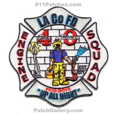 Los Angeles County Fire Department Station 40 Patch (California)
Scan By: PatchGallery.com
Keywords: Co. of Dept. LACoFD L.A.Co.F.D. Engine Squad Company Pico Rivera - Pico Boys - "Up All Night" - Est. 1971