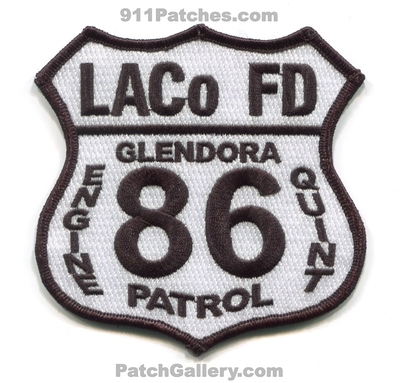 Los Angeles County Fire Department Station 86 Patch (California)
Scan By: PatchGallery.com
Keywords: co. of dept. lacofd l.a.co.f.d. company engine quint patrol glendora