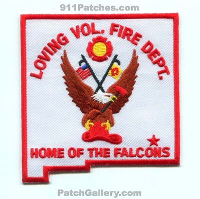 Loving Volunteer Fire Department Patch (New Mexico) (State Shape)
Scan By: PatchGallery.com
Keywords: vol. dept. home of the falcons