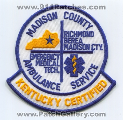 Madison County Ambulance Service EMT Patch (Kentucky)
Scan By: PatchGallery.com
Keywords: co. emergency medical technician tech. ems services richmond berea certified