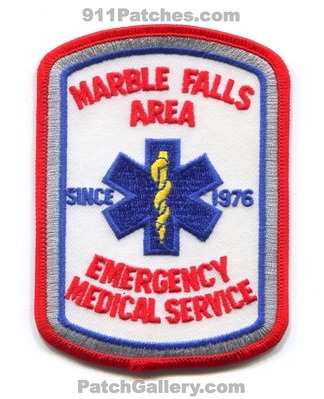 Marble Falls Area Emergency Medical Services EMS Patch (Texas)
Scan By: PatchGallery.com
Keywords: ambulance since 1976