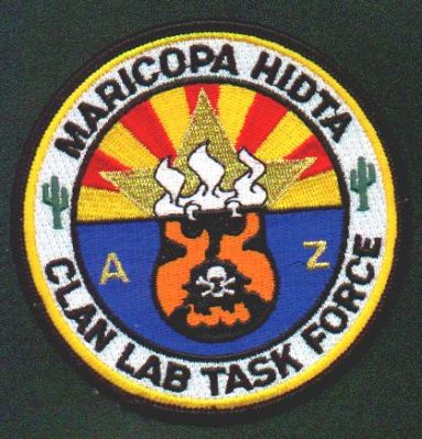 Maricopa HIDTA Clan Lab Task Force
Thanks to EmblemAndPatchSales.com for this scan.
Keywords: arizona police h.i.d.t.a. high intensity drug trafficking areas clandestine