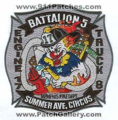 Memphis Fire Department Engine 17 Truck 8 Battalion 5 Patch (Tennessee)
Scan By: PatchGallery.com
Keywords: dept. mfd company co. station summer ave. circus