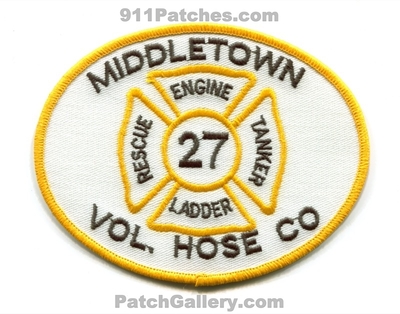 Middletown Volunteer Hose Company 27 Fire Department Patch (Delaware)
Scan By: PatchGallery.com
Keywords: vol. co. dept. engine ladder rescue tanker co. station