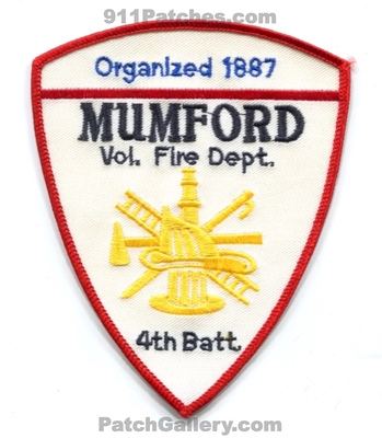Mumford Volunteer Fire Department 4th Battalion Patch (New York)
Scan By: PatchGallery.com
Keywords: vol. dept. batt. organized 1887