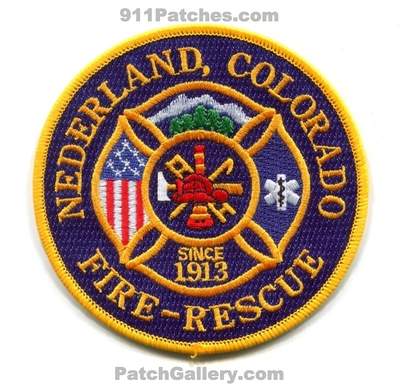 Nederland Fire Rescue Department Patch (Colorado)
[b]Scan From: Our Collection[/b]
[b]Patch Made By: 911Patches.com[/b]
Keywords: dept. since 1913