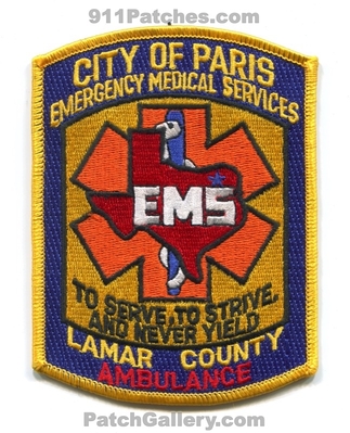 Paris Emergency Medical Services EMS Lamar County Ambulance Patch (Texas)
Scan By: PatchGallery.com
Keywords: co. to serve strive and never yield emt paramedic