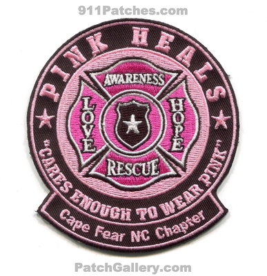 Pink Heals Inc Pink Fire Trucks Cape Fear Chapter Patch (North Carolina)
Scan By: PatchGallery.com
Keywords: inc. love hope awareness rescue cares enough to wear pink department dept.