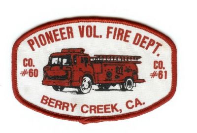 Pioneer Vol Fire Dept
Thanks to PaulsFirePatches.com for this scan.
Keywords: california volunteer department berry creek co 60 61