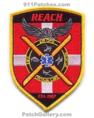 Reach Air Medical Services EMS Patch (Colorado)
[b]Scan From: Our Collection[/b]
Keywords: air ops rescue ems critical care cct ambulance helicopter plane est. 1987