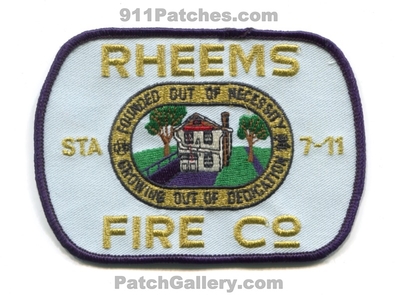 Rheems Fire Company Station 7-11 Patch (Pennsylvania)
Scan By: PatchGallery.com
Keywords: co. department dept. founded out of necessity growing out of dedication