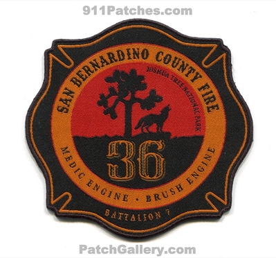 San Bernardino County Fire Department Station 36 Patch (California) (Woven)
Scan By: PatchGallery.com
[b]Patch Made By: 911Patches.com[/b]
Keywords: co. dept. medic ambulance engine brush battaltion 7 chief company co. joshua tree national park
