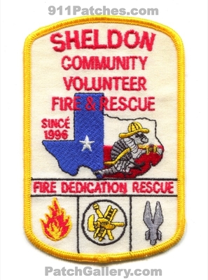 Sheldon Community Volunteer Fire and Rescue Department Patch (Texas)
Scan By: PatchGallery.com
Keywords: comm. vol. & dept. since 1996 dedication