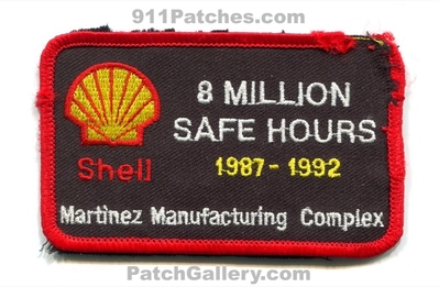 Shell Oil Refinery Martinez Manufacturing Complex 8 Million Safe Hours 1987-1992 Patch (California)
Scan By: PatchGallery.com
Keywords: gas petroleum industrial mmc