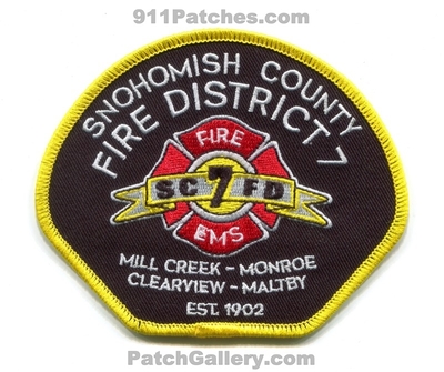 Snohomish County Fire District 7 Patch (Washington)
Scan By: PatchGallery.com
Keywords: co. dist. number no. #7 department dept. scfd ems mill creek monroe clearview maltby est. 1902