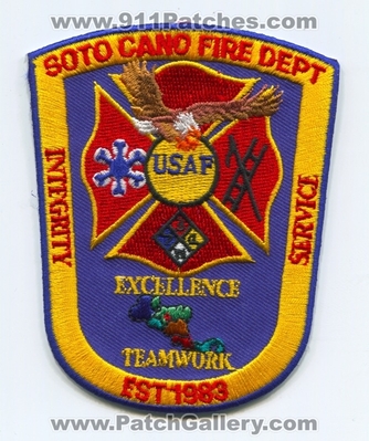 Soto Cano Air Base Fire Department USAF Military Patch (Honduras)
Scan By: PatchGallery.com
Keywords: AB Dept. U.S.A.F. Integrity Service - Est 1983 - Excellence Teamwork