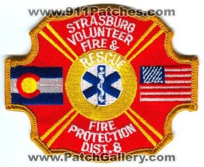 Strasburg Volunteer Fire & Rescue Protection Dist 8 Patch (Colorado)
[b]Scan From: Our Collection[/b]
Keywords: and district