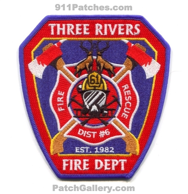Three Rivers Fire Department Station 61 Clallam County District 6 Patch (Washington)
Scan By: PatchGallery.com
[b]Patch Made By: 911Patches.com[/b]
Keywords: 3 dept. co. dist. number no. #6 est. 1982