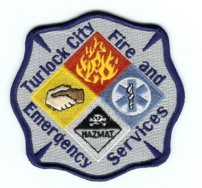 Turlock City Fire and Emergency Services
Thanks to PaulsFirePatches.com for this scan.
Keywords: california