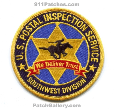US Postal Inspection Service Southwest Division Patch (No State Affiliation)
Scan By: PatchGallery.com
Keywords: united states usps police we deliver trust