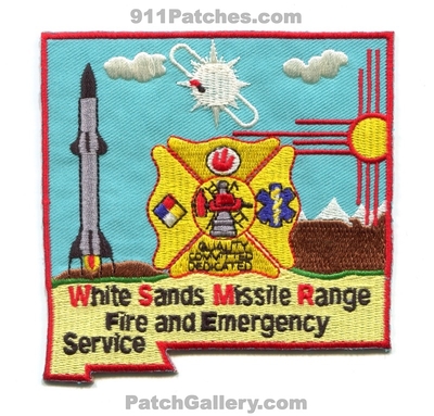 White Sands Missile Range Fire and Emergency Services US Army Military Patch (New Mexico) (State Shape)
Scan By: PatchGallery.com
Keywords: & es department dept.