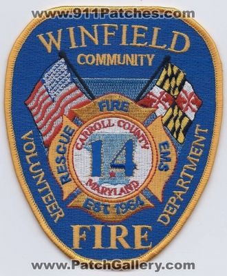 Winfield Community Volunteer Fire Department (Maryland)
Thanks to PaulsFirePatches.com for this scan. 
Keywords: dept. rescue ems carroll county 14