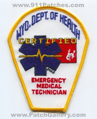 Wyoming Department of Health Certified Emergency Medical Technician EMT EMS Patch (Wyoming)
Scan By: PatchGallery.com
Keywords: wyo. state dept. doh e.m.t. e.m.s. services ovas licensed registered