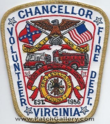 Chancellor Volunteer Fire Department (Virginia)
Thanks to Walts Patches for this scan.
Keywords: dept. spotsylvania county