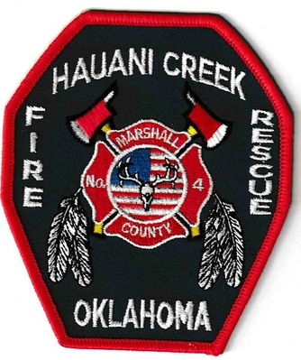 Hauani Creek Fire Rescue Department Marshall County Number 4 Patch (Oklahoma)
Thanks to Ronnie5411 for this scan.
Keywords: dept. co. no. #4