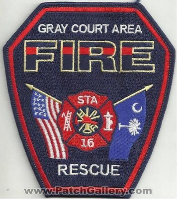 Gray Court Area Fire Rescue Department Station 16 Patch (South Carolina)
Thanks to Ronnie5411 for this scan.
Keywords: dept. sta.