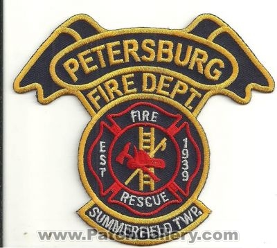 Petersburg Fire Rescue Department Patch (Michigan)
Thanks to Ronnie5411 for this scan.
Keywords: dept. summerfield township twp.