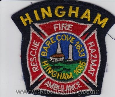 Hingham Fire Department Patch (Massachusetts)
Thanks to BobCalvin12 for this picture.
Keywords: dept. rescue ambulance hazmat haz-mat bare cove