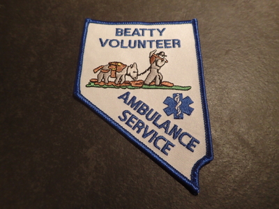Beatty Volunteer Ambulance Service EMS Patch (Nevada)
Thanks to Jeremiah Herderich for this picture.
Keywords: vol. emt paramedic state shape