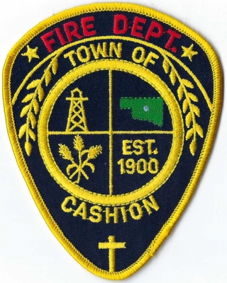 Town of Cashion Fire Department (OK)
Fire Chief added the cross to the patch to honor his daughter who died in a car accident,  The Cashion FD responded to the call.
