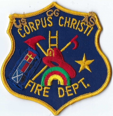 US Coast Guard AS Corpus Christi Fire Department (TX)
DEFUNCT - Coast Guard Air Station.  Additional markings stitched to patch; rainbow, USCGAS, flags. 1970's patch.
