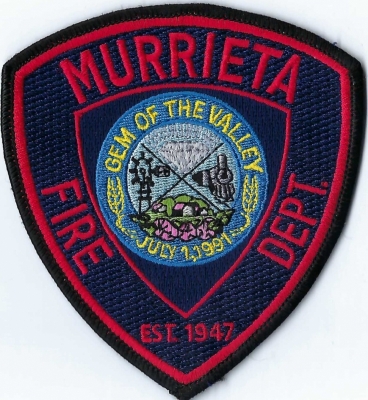 Murrieta Fire Department (CA)
DEFUNCT - Known as "Gem of the Valley" for its rich grasses and natural hot springs.  A diamond is seen on its patch. 
